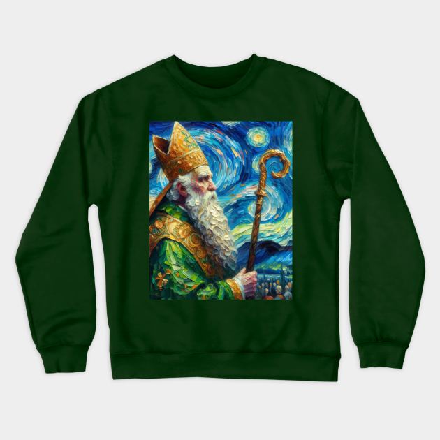 Saint Patrick at Starry Night Crewneck Sweatshirt by FUN GOGH